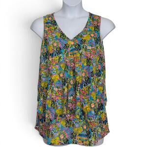 Lulu B Tropical Cottage Print Sleeveless Top Layered V Neck Coastal Y2K Plus 1X